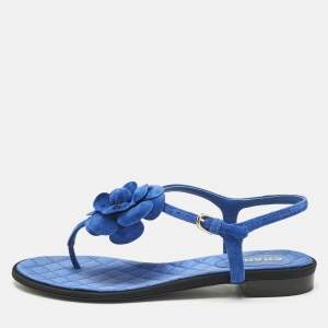 Chanel Blue Suede Camellia Thong Sandals Size 39