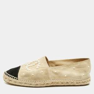 Chanel Beige/Black Suede CC Cap Toe Faux Pearl Embellished Espadrilles Flats Size 41