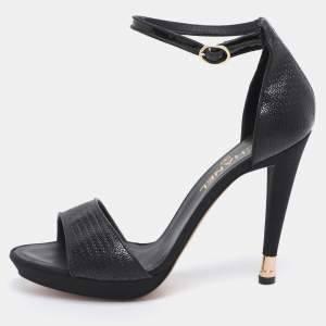 Chanel Black Textured Patent Leather CC Heel Ankle Strap Sandals Size 41.5