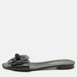 Pre Owned Chanel Black Leather CC Camellia Flat Slides Size 41.5
