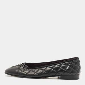 Chanel Black Leather CC Cap Toe Bow Ballet Flats Size 38