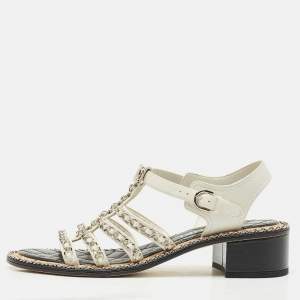 Chanel White Leather Chain CC Logo Strappy Flat Sandals Size 37.5