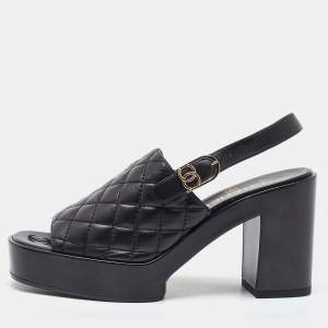 Chanel Black Quilted Leather CC Open Toe Platform Slingback Sandals Size 39