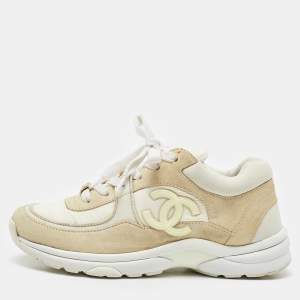 Chanel Cream/White Suede and Fabric CC Low Top Sneakers Size 38