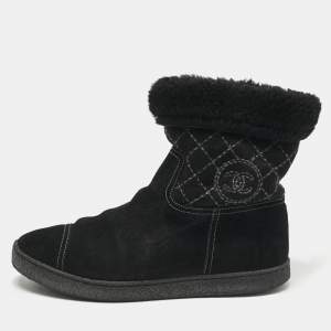 Chanel  Black Suede And Fur Chain Detail Ankle Boots Size 38