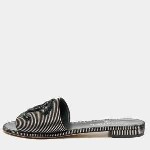 Chanel Black/Silver Leather and Suede CC Flat Slides Size 38.5