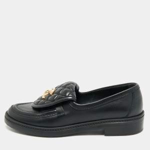 Pre Owned Chanel Black Quilted Leather CC Turnlock Loafers Size 37