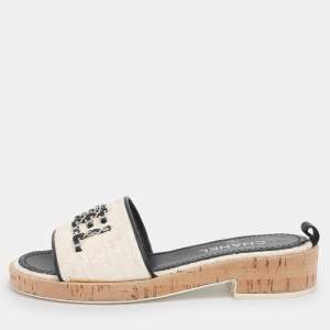 Pre Owned صندل كورك سلسلة جلد وتويد شانيل أيريديسينت/أسود مقاس 38.5