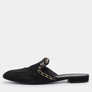 Pre Owned Chanel Black Suede CC Chain Mules Size 38.5