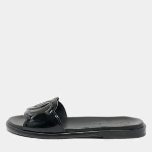 Chanel Black Patent Leather CC Flat Slides Size 38.5