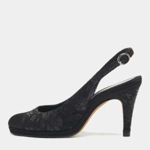 Chanel Black Leather and Satin Cap Toe  Slingback Pumps Size 37.5
