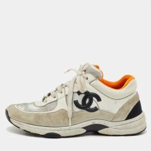 Pre Owned Chanel Grey/White Suede and Leather CC Low Top Sneakers Size 38.5