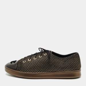 Pre Owned Chanel Gold/Black Mesh and Leather CC Low Top Sneakers Size 41.5