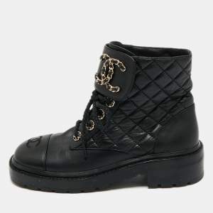 Pre Owned Chanel Black Quilted Leather Chain Combat Ankle Boots Size 37