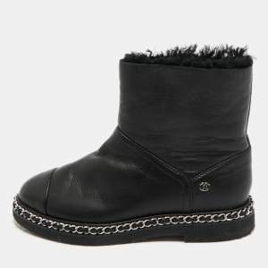 Pre Owned Chanel Black Leather CC Cap Toe Chain detail Ankle Length Boots Size 38