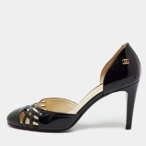 Pre Owned Chanel Black Patent Leather CC Cutout D'orsay Pumps Size 38