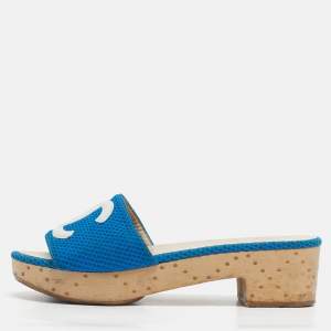 Pre Owned Chanel Blue/White Mesh And Leather CC Logo Platform Slide Wooden Sandals Size 38