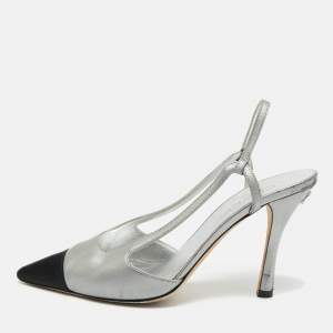 Pre Owned Chanel Black/Silver Leather and Canvas Pointed Toe Slingback Pumps Size 41