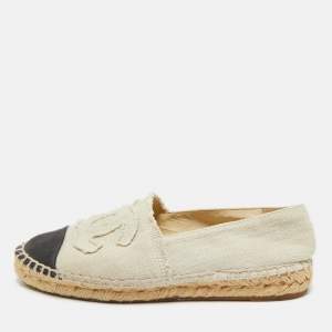 Pre Owned Chanel Grey/Black Canvas CC Cap Toe Espadrille Flats Size 36
