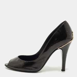 Pre Owned Chanel Black Patent Leather CC Peep Toe Pumps Size 34