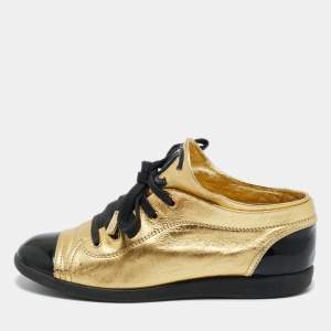Pre Owned Chanel Gold/Black Patent And Leather Cap Toe Lace Up Sneakers Size 37