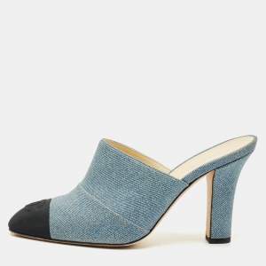 Pre Owned Chanel Blue/Black Denim and Fabric CC Cap Toe Mules Size 36
