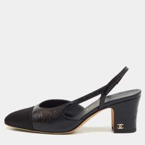 Pre Owned Chanel Black Leather and Fabric CC Cap Toe Block Heel Slingback Pumps Size 35