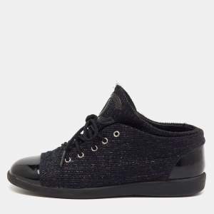 Pre Owned Chanel Black Patent Leather and Shimmer Tweed CC Cap Toe Lace Up Sneakers Size 36