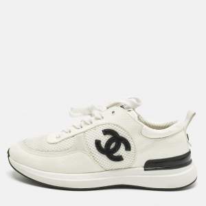 Pre Owned Chanel White/Grey Leather and Mesh CC Lace Up Sneakers Size 36.5