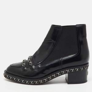 Pre Owned Chanel Black Patent Leather Interlaced Chain Ankle Boots Size 38