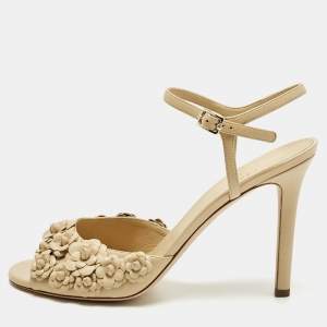Pre Owned Chanel Beige Leather Camelia Ankle Strap Sandals Size 41