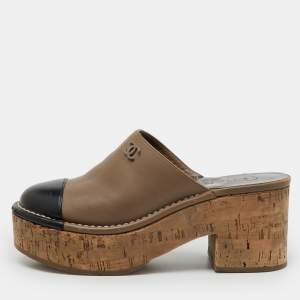 Chanel Brown/Black Leather CC Cap Toe Cork Platform Mules Size 37