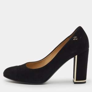 Pre Owned Chanel Black Suede CC Cap Toe Pumps Size 37.5