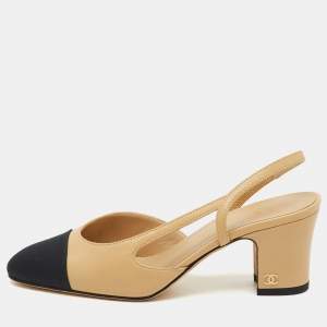 Chanel Beige/Black Leather and Canvas CC Cap Toe Slingback Pumps Size 35