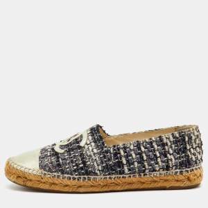 Pre Owned  Chanel Multicolor Leather and Tweed CC Cap Toe Espadrille Flats Size 39