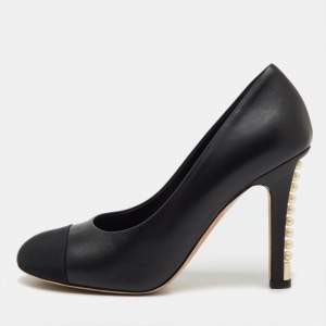 Chanel Black Leather and Fabric Cap Toe CC Faux Pearl Heel Pumps Size 41