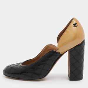 Chanel Black/Beige Quilted Patent Leather CC Pumps Size 36