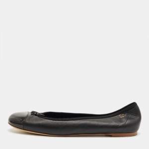 Pre Owned Chanel Black Leather CC Cap Toe Ballet Flats Size 41
