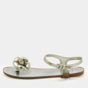 Pre Owned Chanel Metallic Silver Jelly Camellia Ankle Strap Sandals Size 38