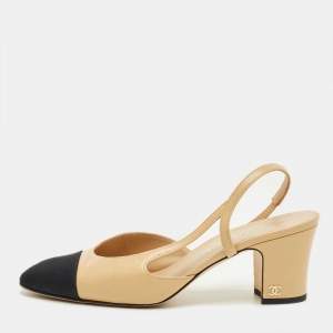 Pre Owned Chanel Cream/Black Canvas and Leather CC Slingback Pumps Size 37.5