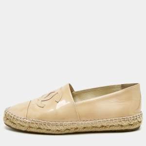 Pre Owned Chanel Beige Patent Leather CC Cap Toe Espadrille Flats Size 38