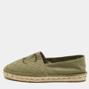 Pre Owned  Chanel Green Canvas CC Cap Toe Espadrille Flats Size 40