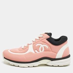 Pre Owned Chanel Pink/White Nylon CC Low Top Sneakers Size 38
