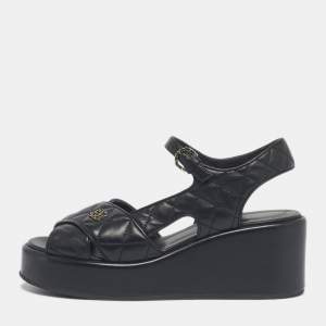 Pre Owned Chanel Black Leather Ankle Strap Wedge Sandals Size 40.5
