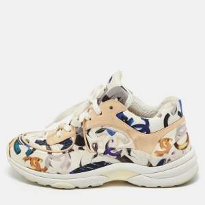 Pre Owned Chanel Multicolor CC Print Satin and Suede Lace Up Sneakers Size 40