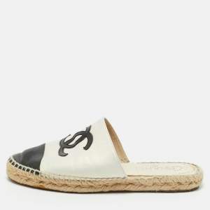 Pre Owned Chanel Black/White Leather CC Cap Toe Espadrille Flat Mules Size 38