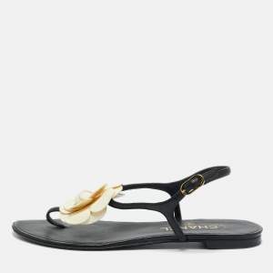 Chanel Black  Leather Camelia Thong Slingback Sandals Size 38.5