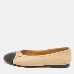 Chanel Beige/Black Leather CC Cap Toe Bow Ballet Flats Size 39.5