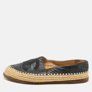 Pre Owned Chanel Black Leather CC Cap Toe Espadrille Flats Size 38