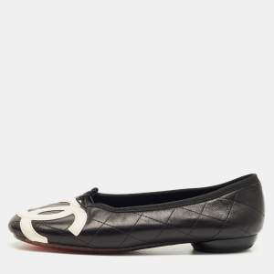 Pre Owned Chanel Black Quilted Leather CC Ligne Cambon Bow Ballet Flats Size 39